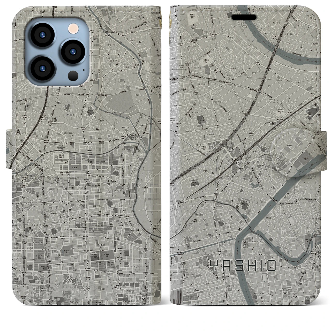 【八潮】地図柄iPhoneケース（手帳両面タイプ・モノトーン）iPhone 13 Pro Max 用