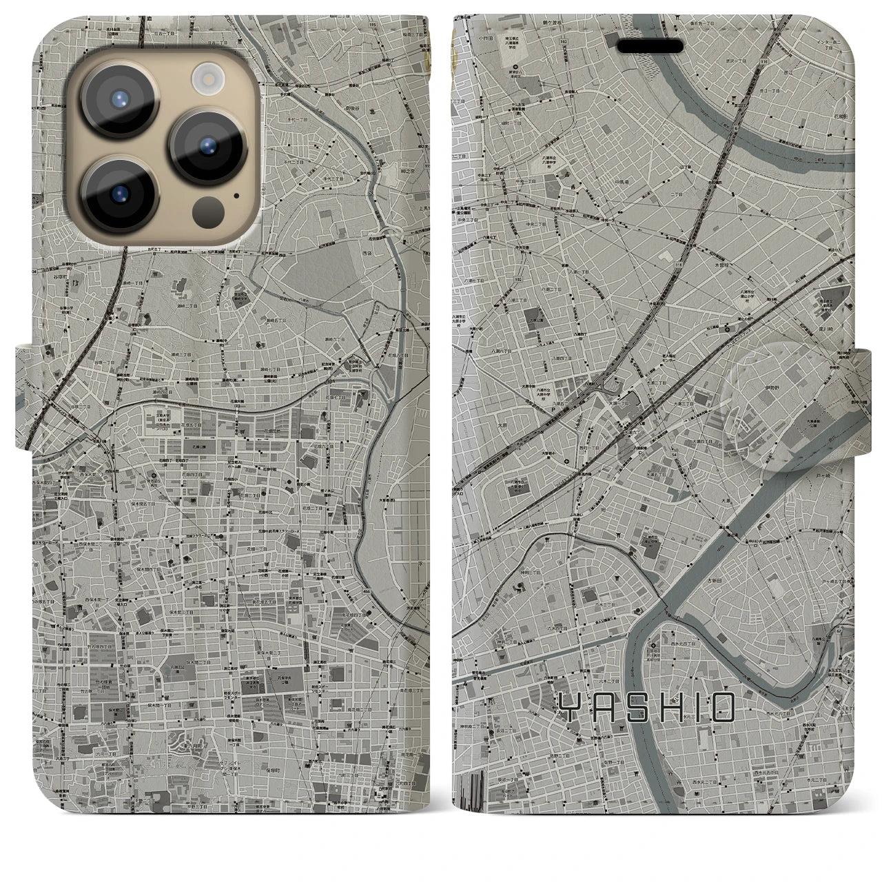 【八潮】地図柄iPhoneケース（手帳両面タイプ・モノトーン）iPhone 14 Pro Max 用
