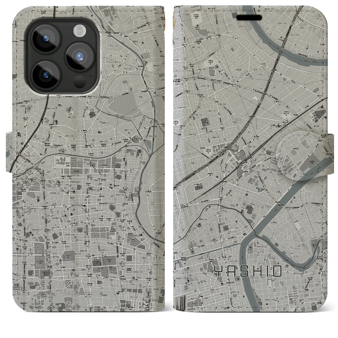 【八潮】地図柄iPhoneケース（手帳両面タイプ・モノトーン）iPhone 15 Pro Max 用