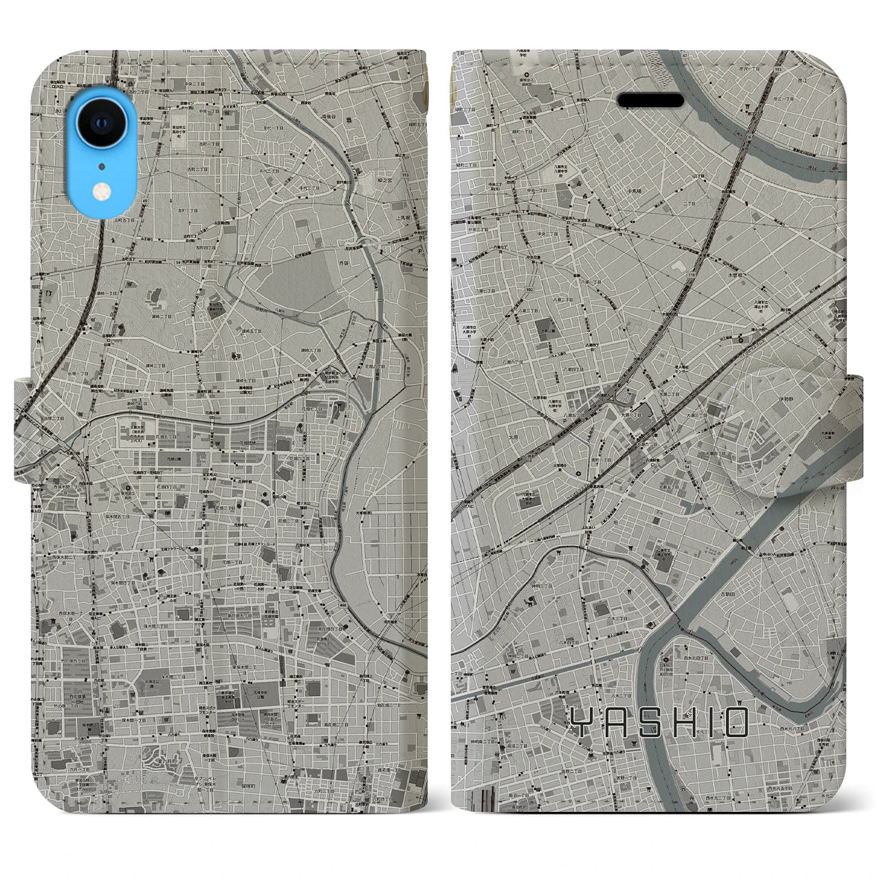 【八潮】地図柄iPhoneケース（手帳両面タイプ・モノトーン）iPhone XR 用