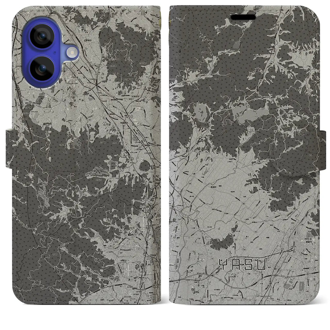 【夜須(福岡県)】地図柄iPhoneケース(手帳タイプ)モノトーン・iPhone 16 Pro Max 用