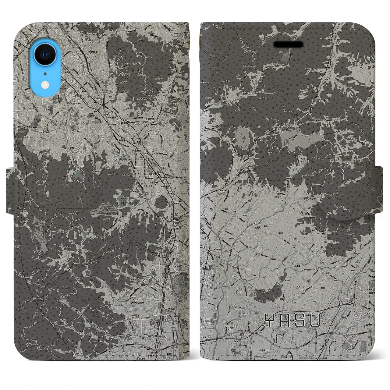 【夜須】地図柄iPhoneケース（手帳両面タイプ・モノトーン）iPhone XR 用