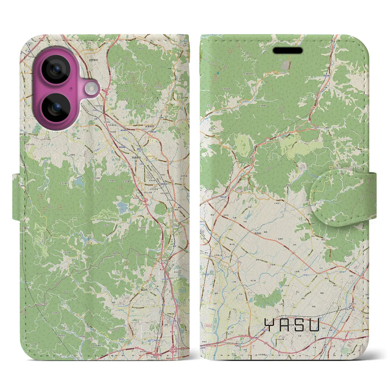 【夜須（福岡県）】地図柄iPhoneケース（手帳タイプ）ナチュラル・iPhone 16 Pro 用