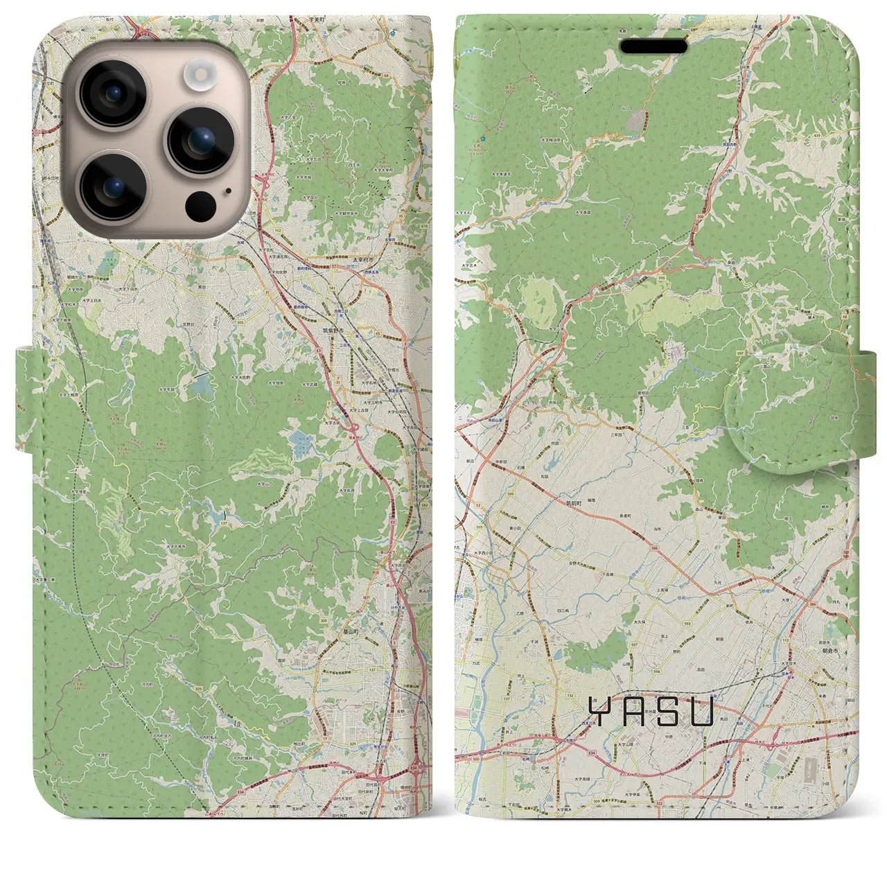 【夜須（福岡県）】地図柄iPhoneケース（手帳タイプ）ナチュラル・iPhone 16 Plus 用