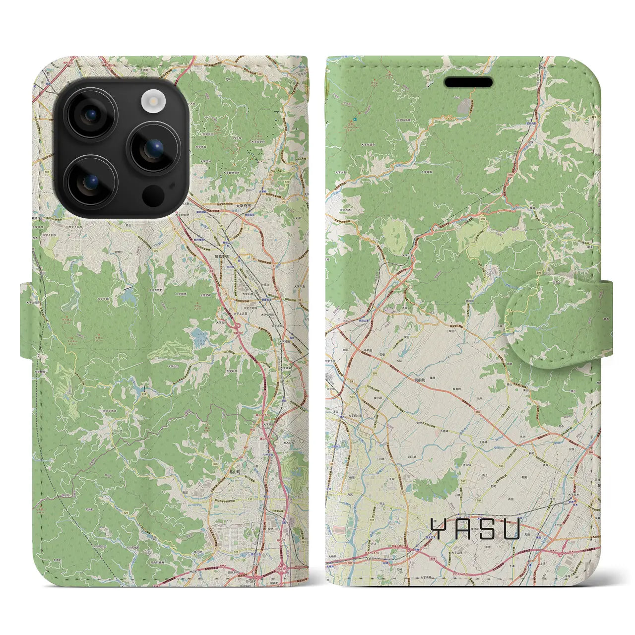 【夜須（福岡県）】地図柄iPhoneケース（手帳タイプ）ナチュラル・iPhone 16 用