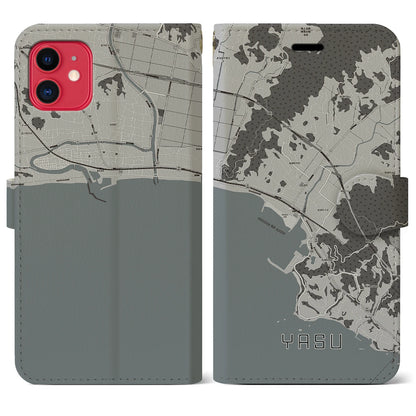 【夜須（高知県）】地図柄iPhoneケース（手帳タイプ）モノトーン・iPhone 11 用