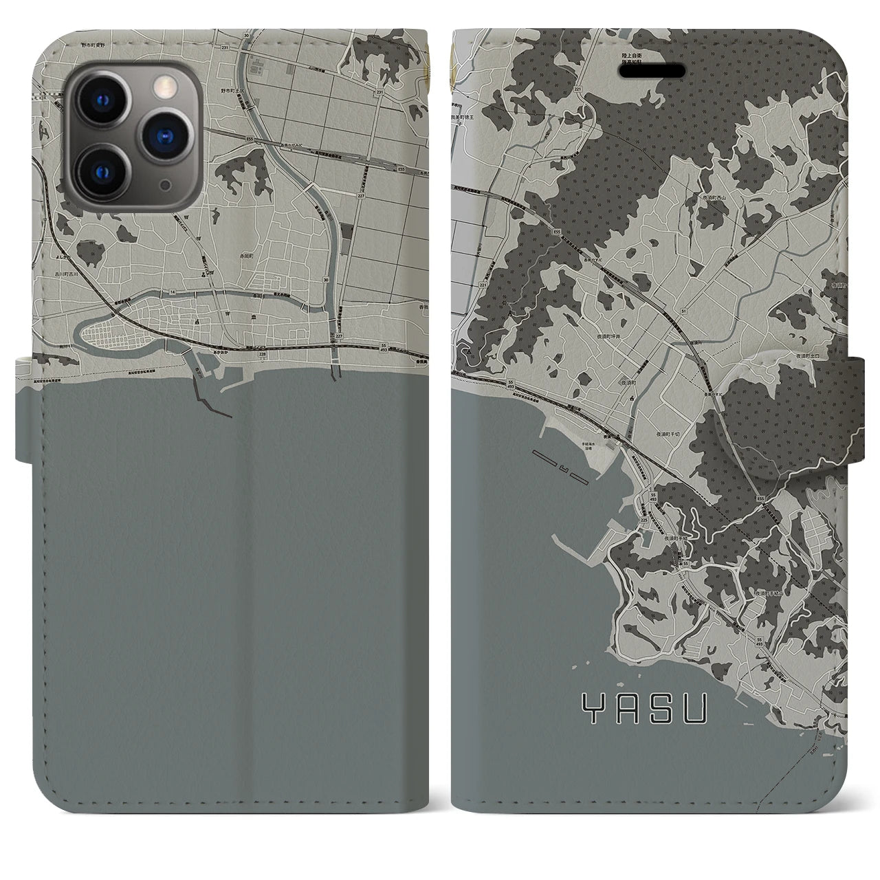 【夜須（高知県）】地図柄iPhoneケース（手帳両面タイプ・モノトーン）iPhone 11 Pro Max 用