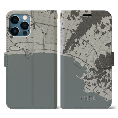 【夜須（高知県）】地図柄iPhoneケース（手帳タイプ）モノトーン・iPhone 12 / 12 Pro 用