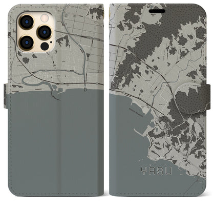 【夜須（高知県）】地図柄iPhoneケース（手帳タイプ）モノトーン・iPhone 12 Pro Max 用