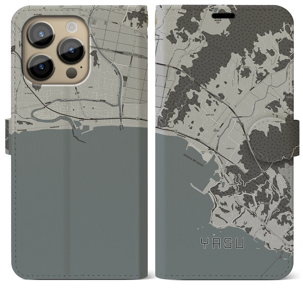 【夜須（高知県）】地図柄iPhoneケース（手帳両面タイプ・モノトーン）iPhone 14 Pro Max 用