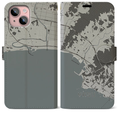 【夜須（高知県）】地図柄iPhoneケース（手帳タイプ）モノトーン・iPhone 15 Plus 用