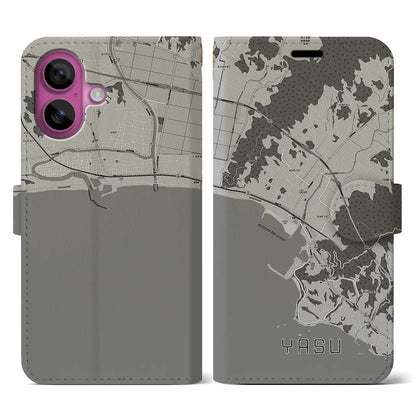 【夜須（高知県）】地図柄iPhoneケース（手帳タイプ）モノトーン・iPhone 16 Pro 用