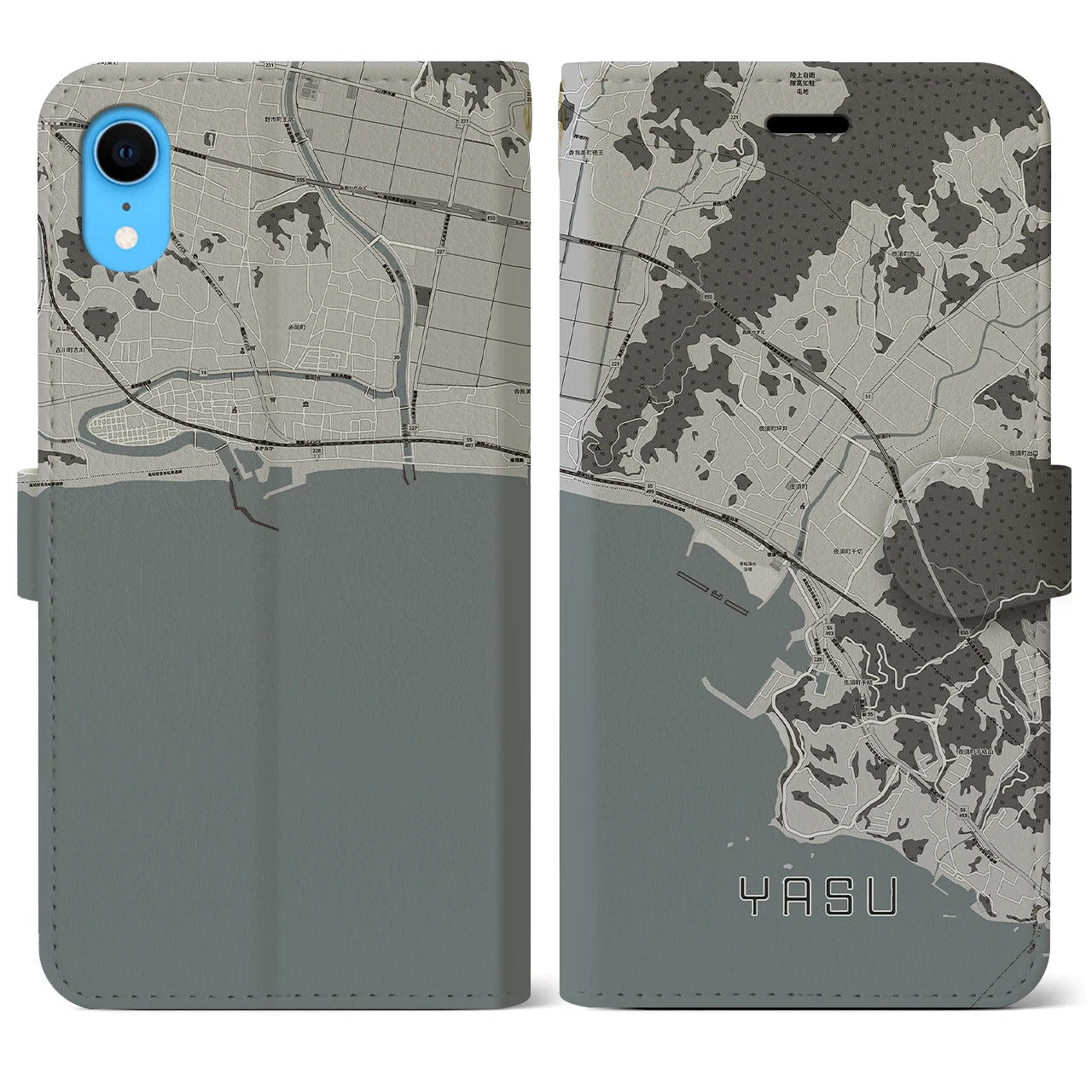 【夜須（高知県）】地図柄iPhoneケース（手帳両面タイプ・モノトーン）iPhone XR 用