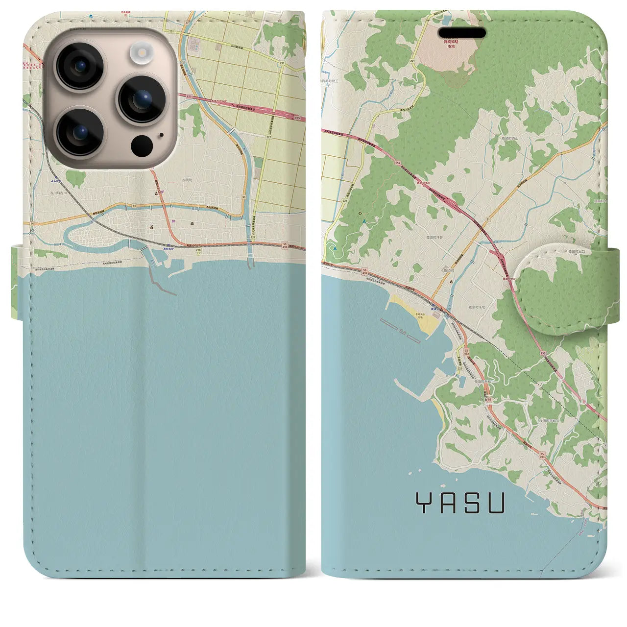 【夜須（高知県）】地図柄iPhoneケース（手帳タイプ）ナチュラル・iPhone 16 Plus 用