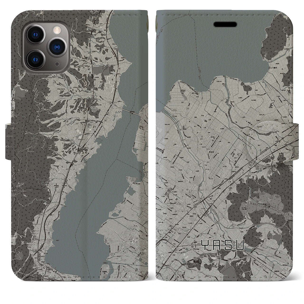 【野洲】地図柄iPhoneケース（手帳両面タイプ・モノトーン）iPhone 11 Pro Max 用