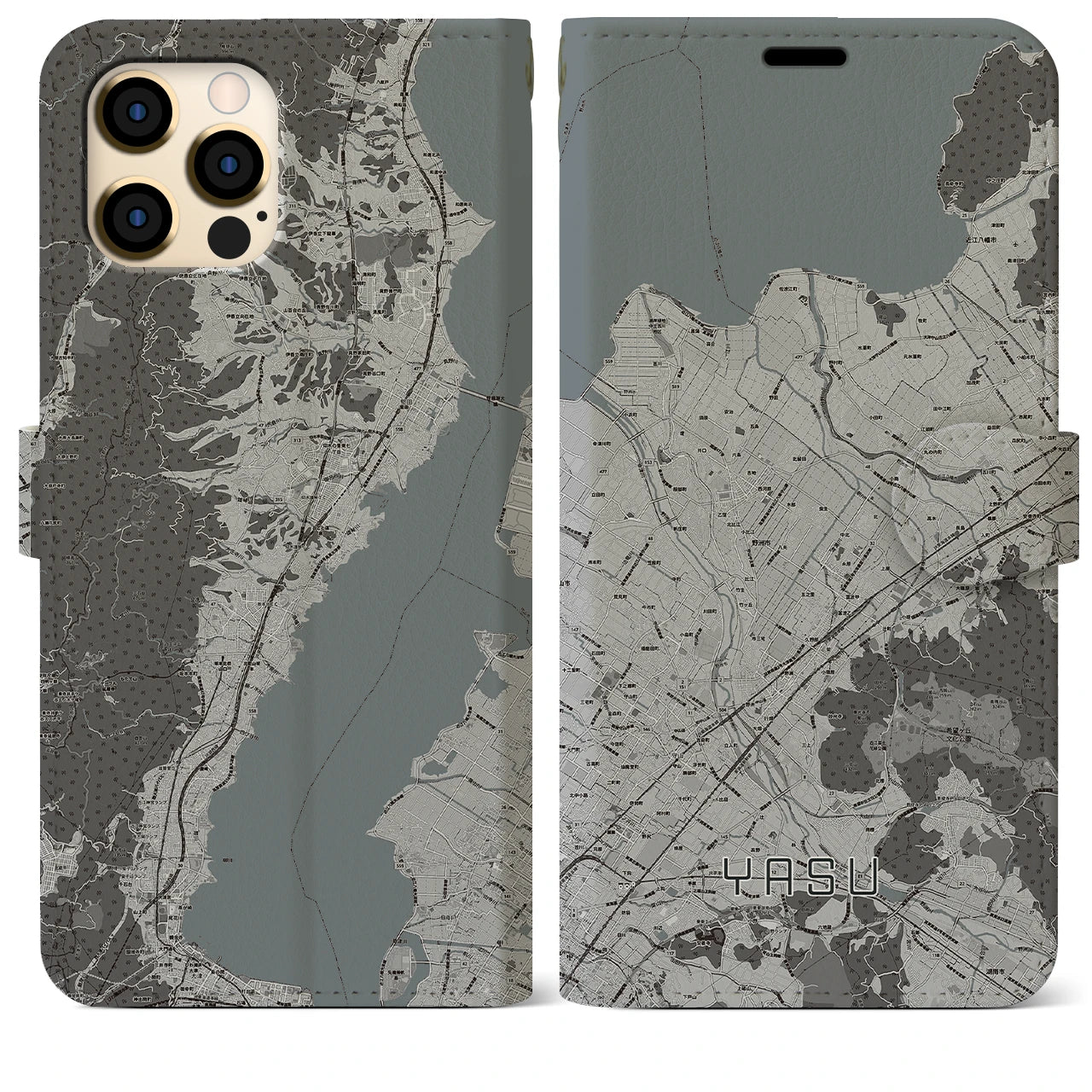 【野洲】地図柄iPhoneケース（手帳両面タイプ・モノトーン）iPhone 12 Pro Max 用