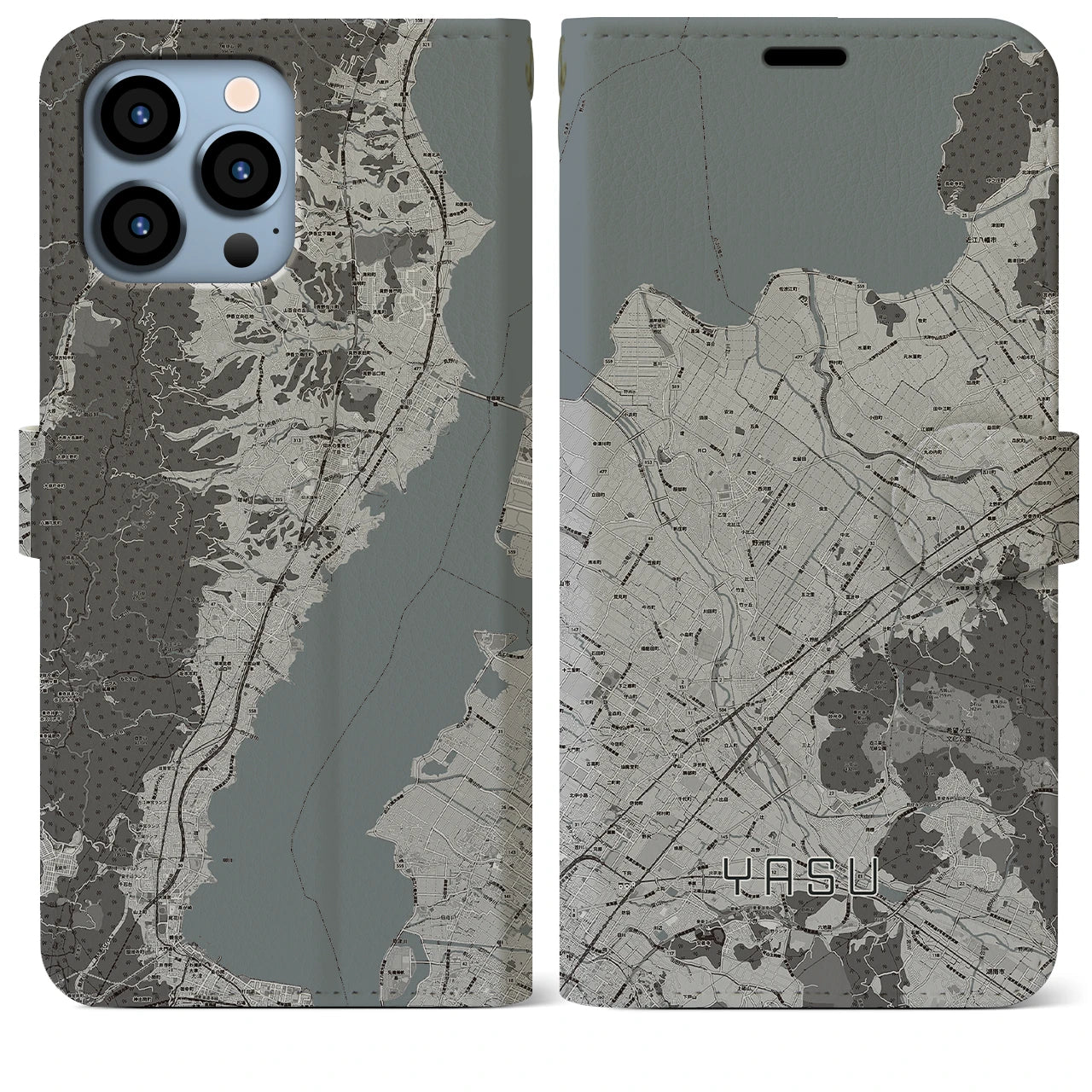 【野洲】地図柄iPhoneケース（手帳両面タイプ・モノトーン）iPhone 13 Pro Max 用