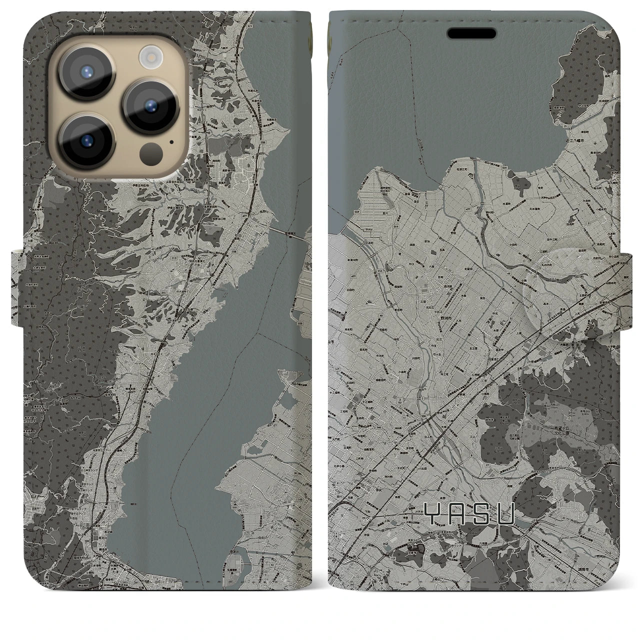 【野洲】地図柄iPhoneケース（手帳両面タイプ・モノトーン）iPhone 14 Pro Max 用