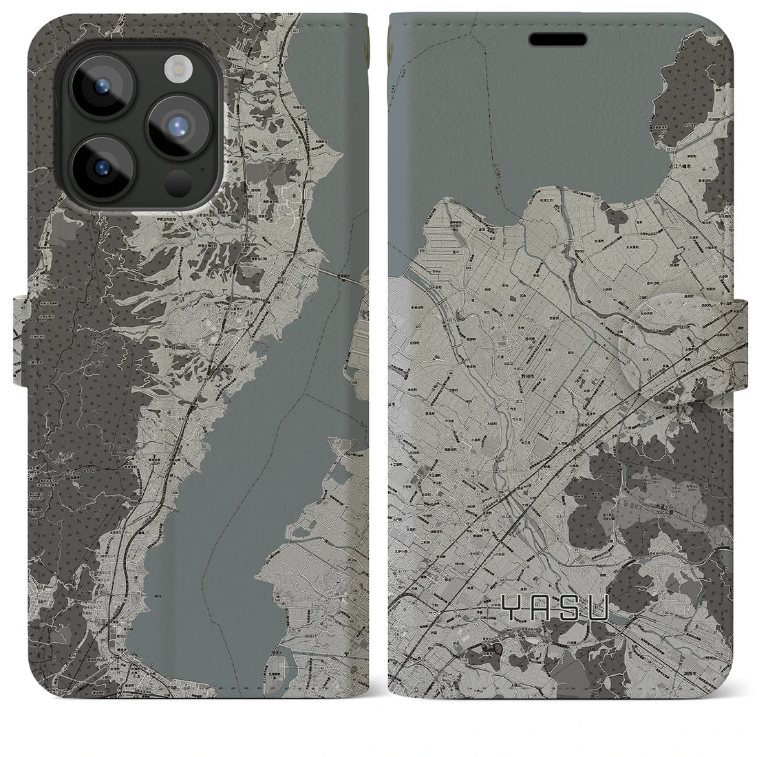 【野洲】地図柄iPhoneケース（手帳両面タイプ・モノトーン）iPhone 15 Pro Max 用