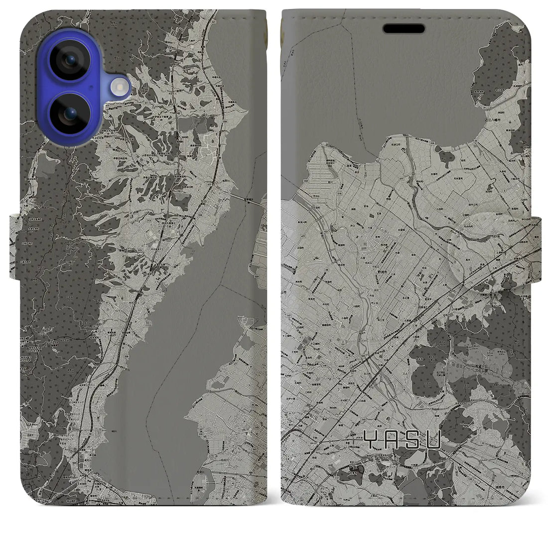 【野洲(滋賀県)】地図柄iPhoneケース(手帳タイプ)モノトーン・iPhone 16 Pro Max 用