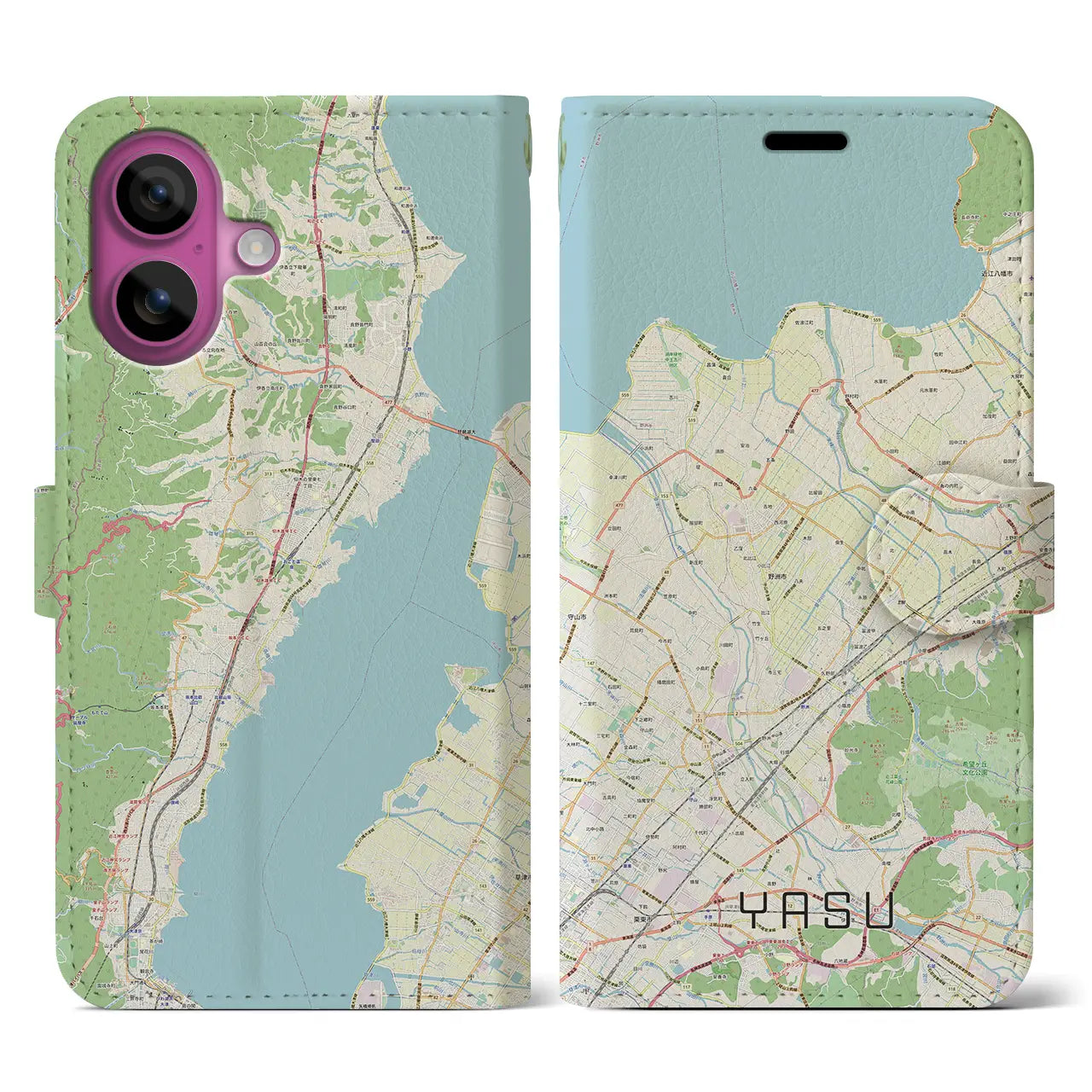 【野洲（滋賀県）】地図柄iPhoneケース（手帳タイプ）ナチュラル・iPhone 16 Pro 用