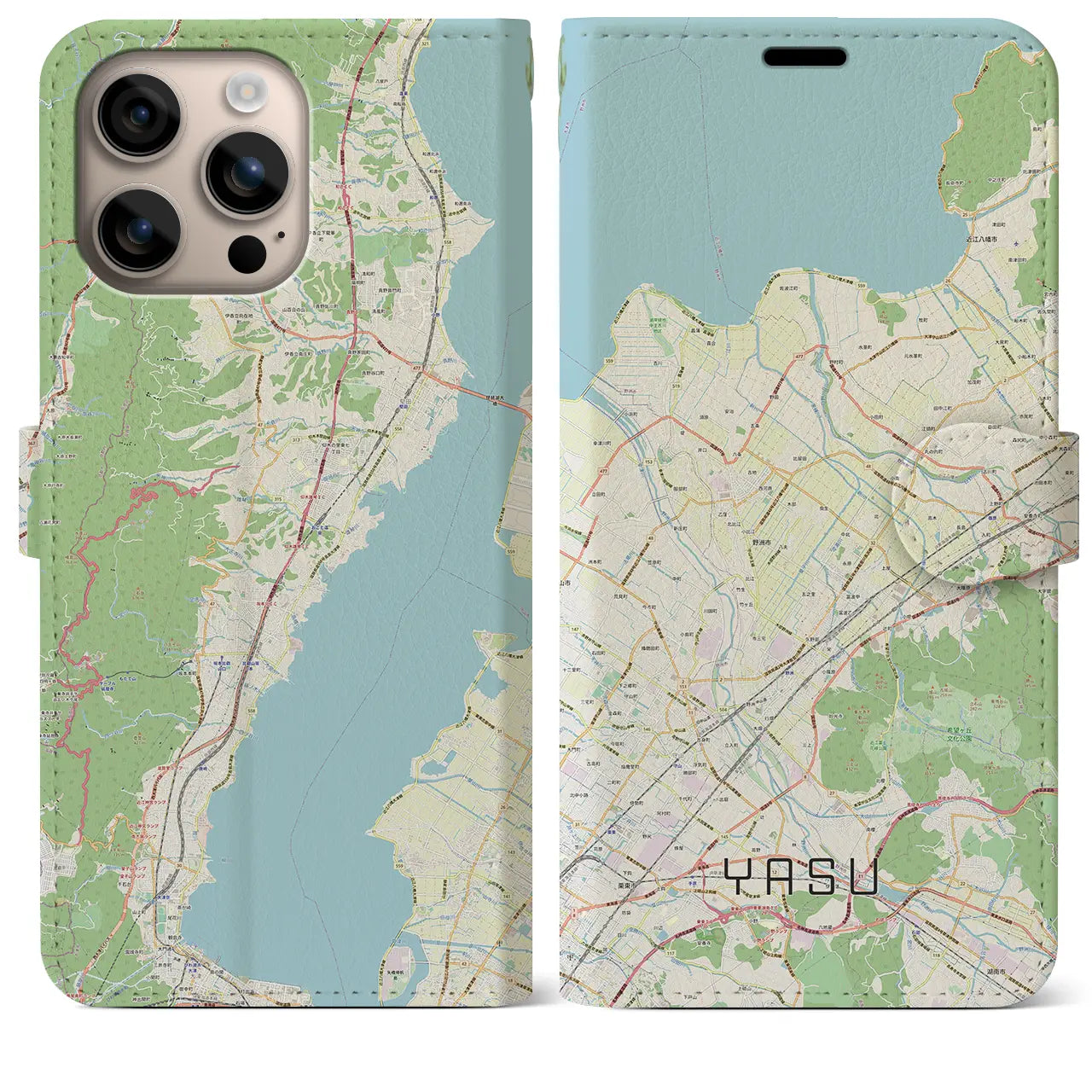 【野洲（滋賀県）】地図柄iPhoneケース（手帳タイプ）ナチュラル・iPhone 16 Plus 用