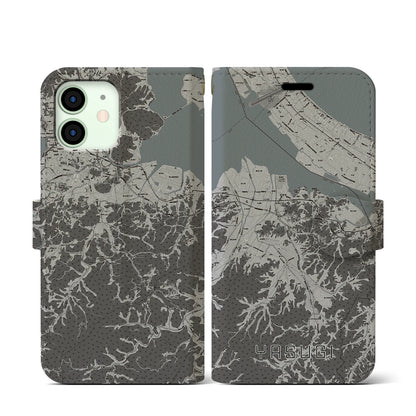 【安来（島根県）】地図柄iPhoneケース（手帳タイプ）モノトーン・iPhone 12 mini 用