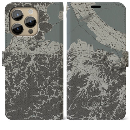 【安来（島根県）】地図柄iPhoneケース（手帳タイプ）モノトーン・iPhone 14 Pro Max 用