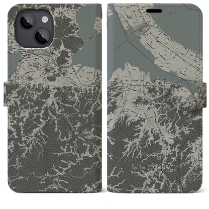 【安来（島根県）】地図柄iPhoneケース（手帳タイプ）モノトーン・iPhone 14 Plus 用