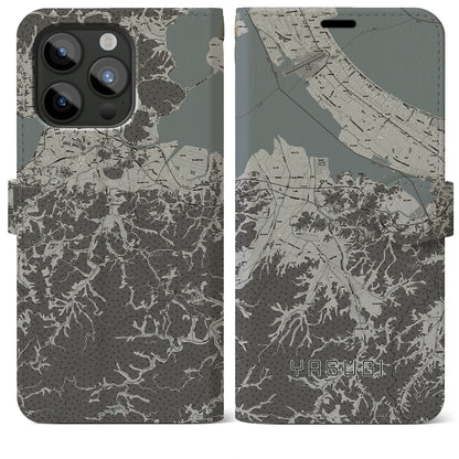 【安来（島根県）】地図柄iPhoneケース（手帳タイプ）モノトーン・iPhone 15 Pro Max 用