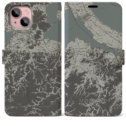 【安来（島根県）】地図柄iPhoneケース（手帳タイプ）モノトーン・iPhone 15 Plus 用