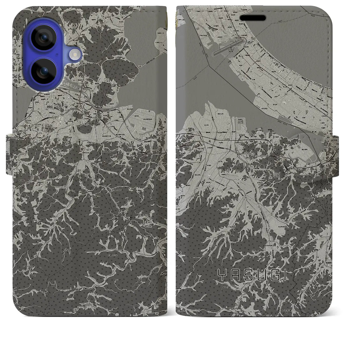 【安来(島根県)】地図柄iPhoneケース(手帳タイプ)モノトーン・iPhone 16 Pro Max 用