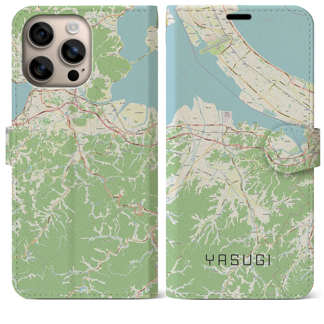 【安来（島根県）】地図柄iPhoneケース（手帳タイプ）ナチュラル・iPhone 16 Plus 用