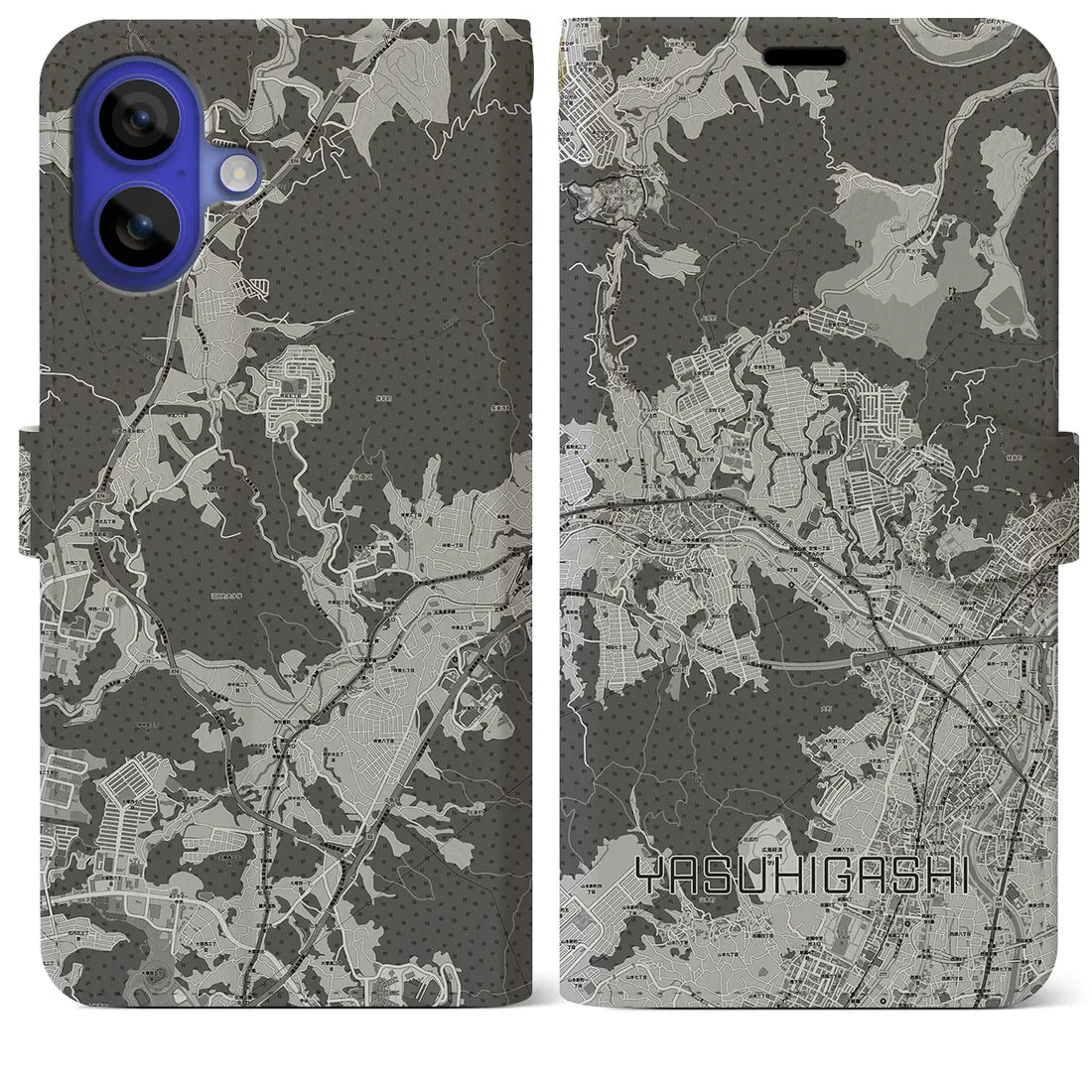 【安東(広島県)】地図柄iPhoneケース(手帳タイプ)モノトーン・iPhone 16 Pro Max 用