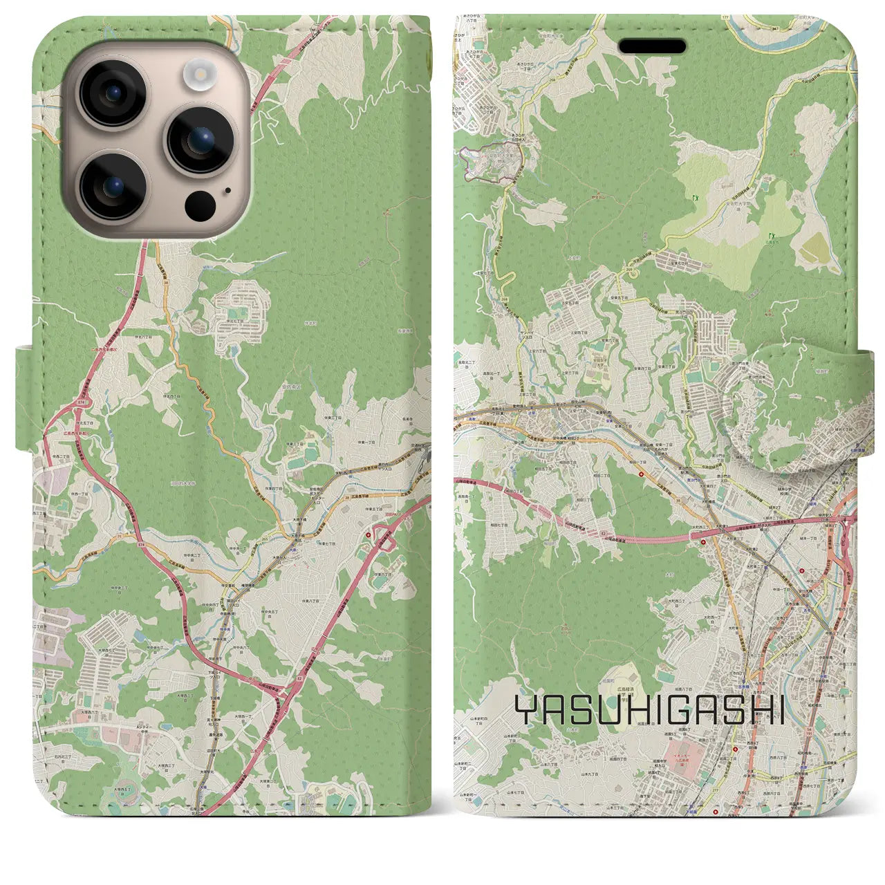 【安東（広島県）】地図柄iPhoneケース（手帳タイプ）ナチュラル・iPhone 16 Plus 用