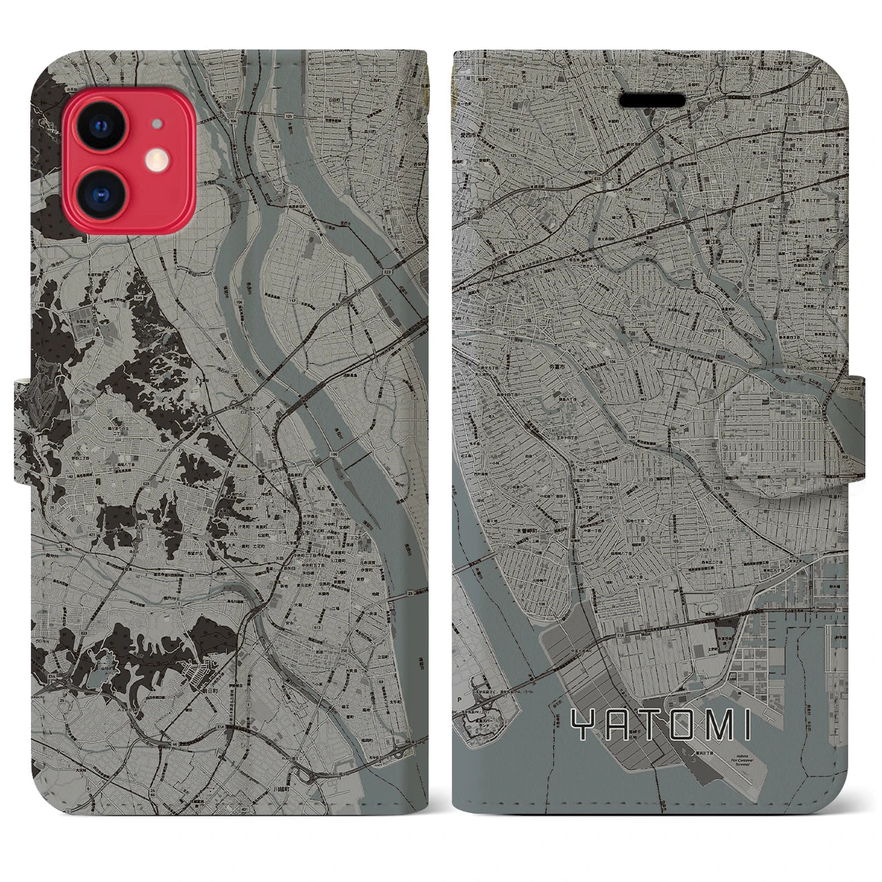 【弥富】地図柄iPhoneケース（手帳両面タイプ・モノトーン）iPhone 11 用
