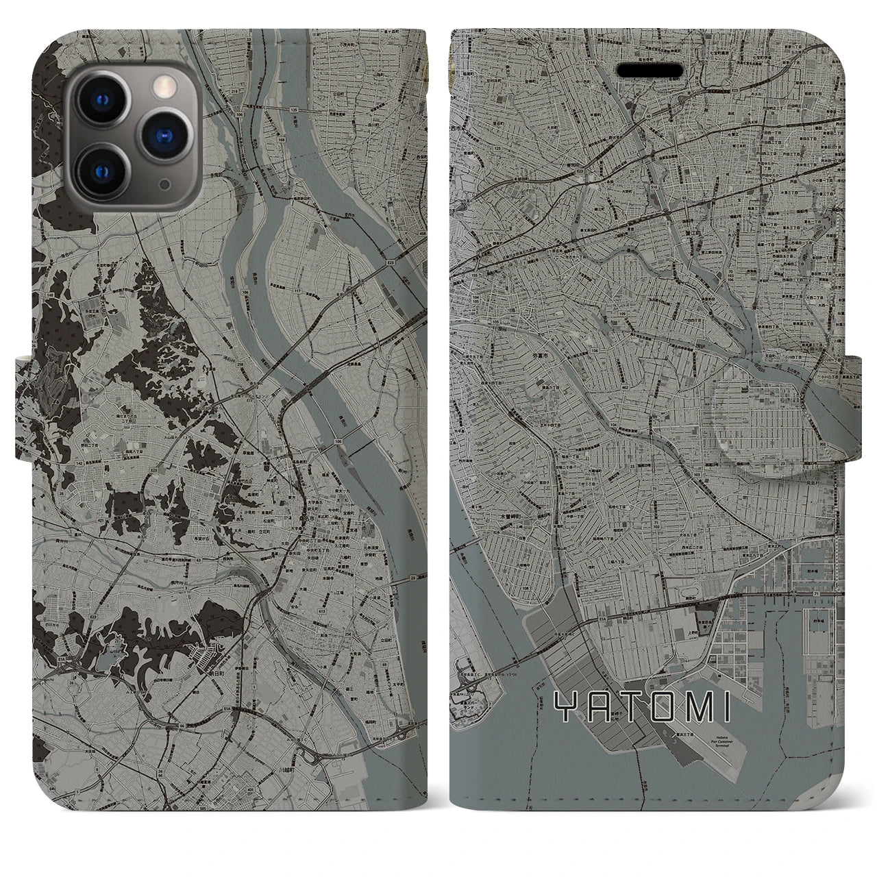 【弥富】地図柄iPhoneケース（手帳両面タイプ・モノトーン）iPhone 11 Pro Max 用