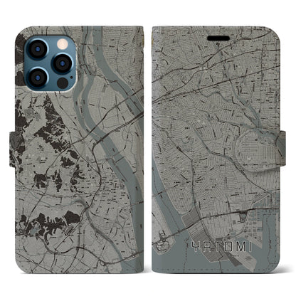 【弥富（愛知県）】地図柄iPhoneケース（手帳タイプ）モノトーン・iPhone 12 / 12 Pro 用