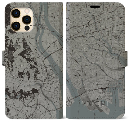 【弥富（愛知県）】地図柄iPhoneケース（手帳タイプ）モノトーン・iPhone 12 Pro Max 用