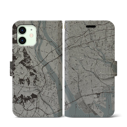 【弥富（愛知県）】地図柄iPhoneケース（手帳タイプ）モノトーン・iPhone 12 mini 用