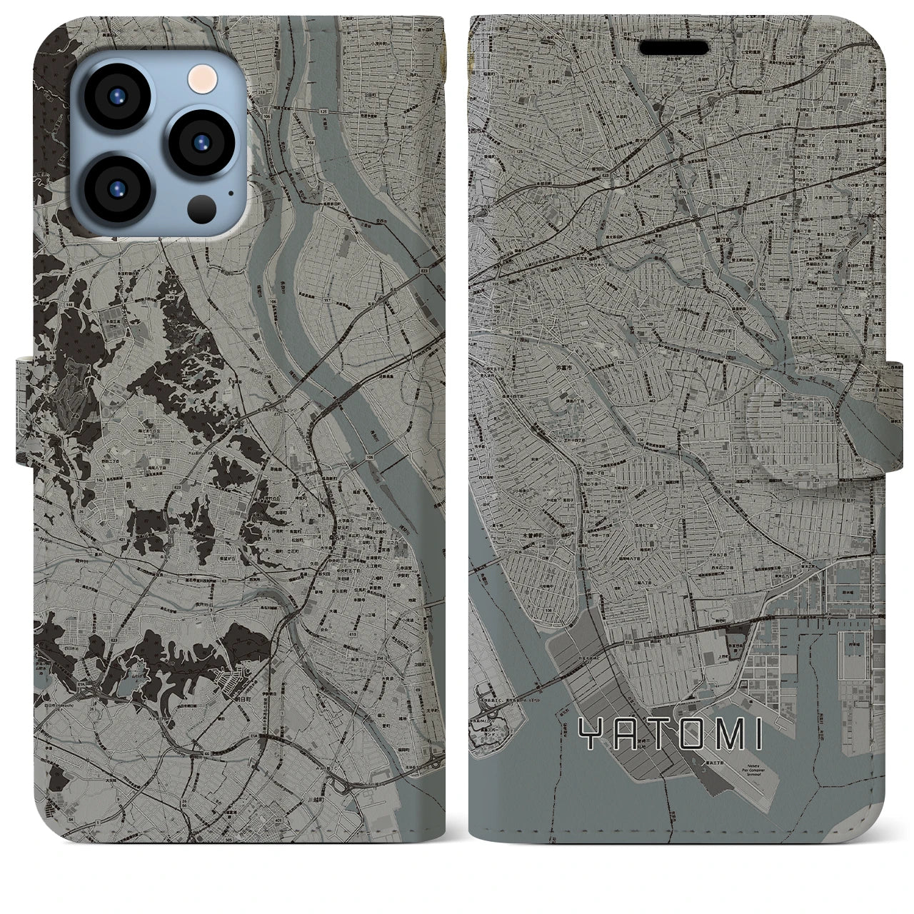 【弥富】地図柄iPhoneケース（手帳両面タイプ・モノトーン）iPhone 13 Pro Max 用