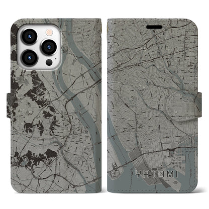 【弥富（愛知県）】地図柄iPhoneケース（手帳タイプ）モノトーン・iPhone 13 Pro 用