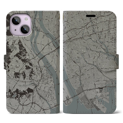 【弥富（愛知県）】地図柄iPhoneケース（手帳タイプ）モノトーン・iPhone 14 用