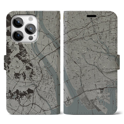 【弥富（愛知県）】地図柄iPhoneケース（手帳タイプ）モノトーン・iPhone 14 Pro 用