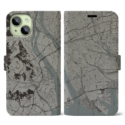 【弥富（愛知県）】地図柄iPhoneケース（手帳タイプ）モノトーン・iPhone 15 用