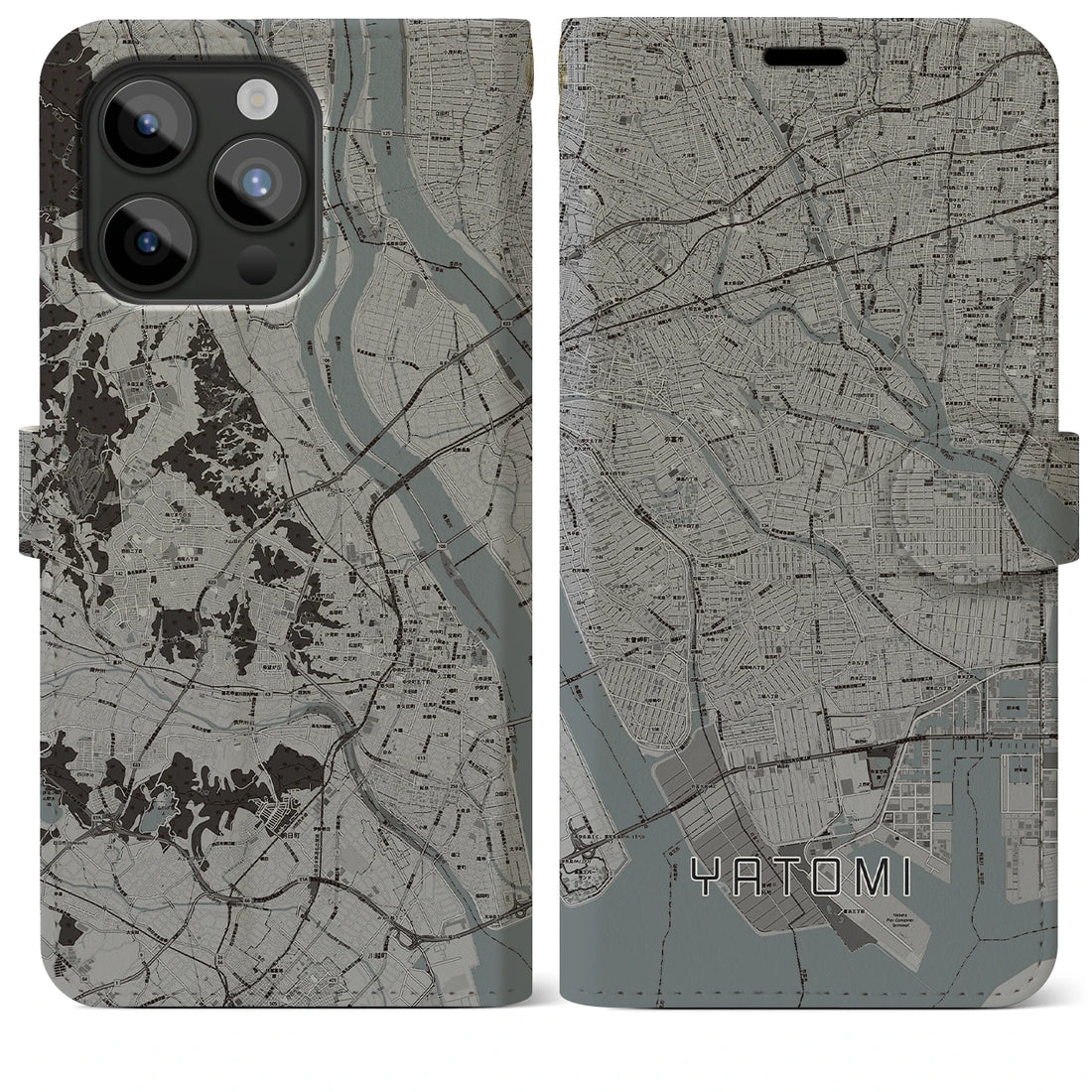 【弥富】地図柄iPhoneケース（手帳両面タイプ・モノトーン）iPhone 15 Pro Max 用