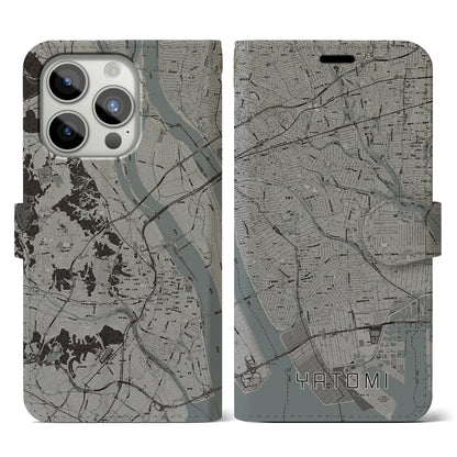 【弥富（愛知県）】地図柄iPhoneケース（手帳タイプ）モノトーン・iPhone 15 Pro 用