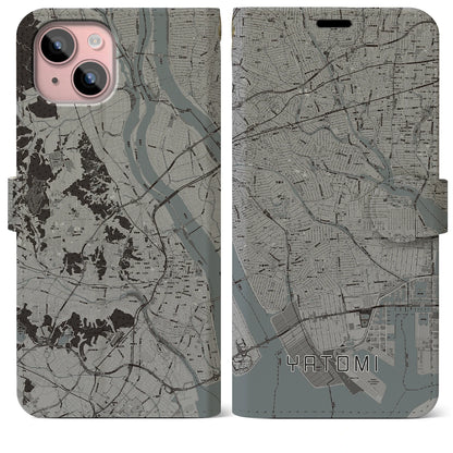 【弥富（愛知県）】地図柄iPhoneケース（手帳タイプ）モノトーン・iPhone 15 Plus 用