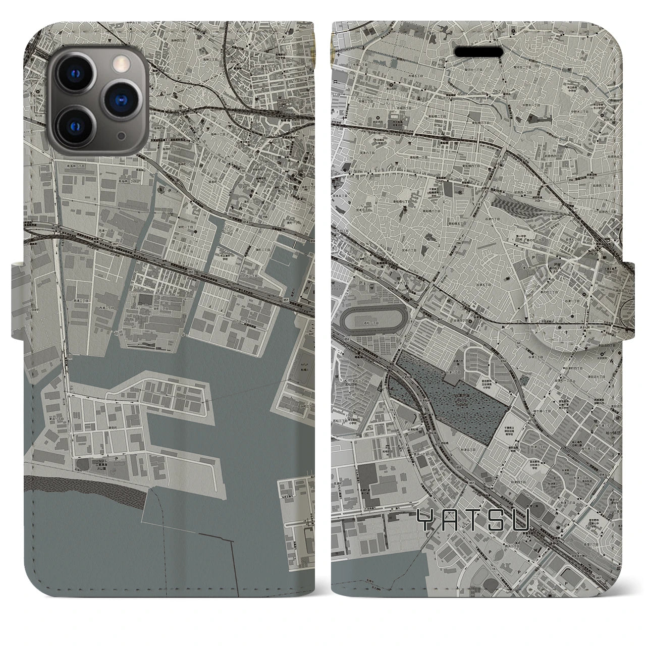 【谷津】地図柄iPhoneケース（手帳両面タイプ・モノトーン）iPhone 11 Pro Max 用