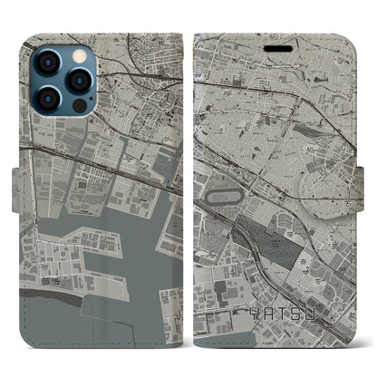 【谷津（千葉県）】地図柄iPhoneケース（手帳タイプ）モノトーン・iPhone 12 / 12 Pro 用